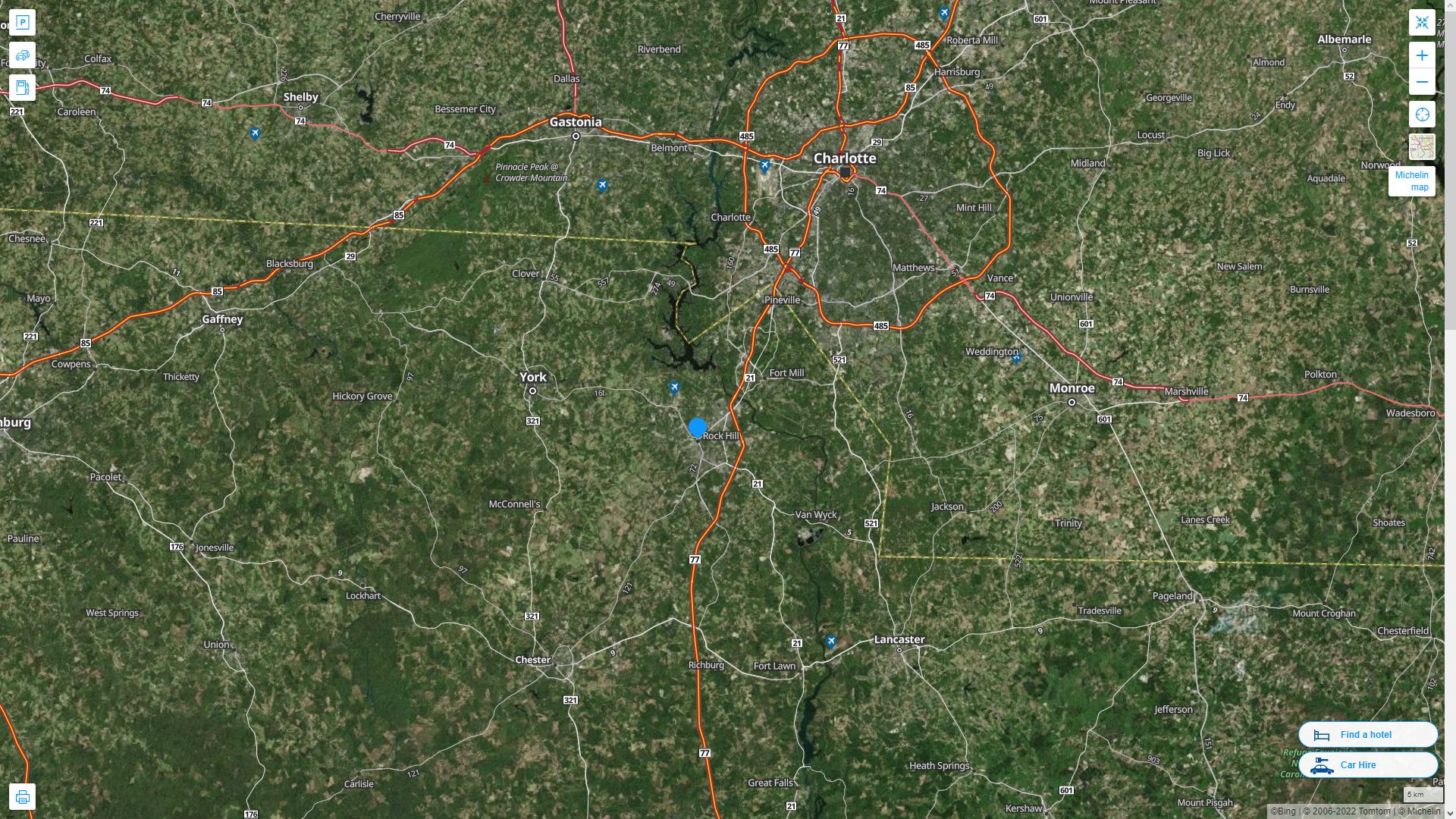 Rock Hill South Carolina Highway and Road Map with Satellite View